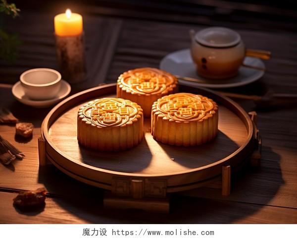中秋月饼摆放在桌上的的月饼中国传统食物节日八月中秋月饼糕点配图美食